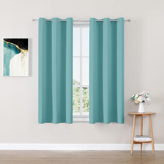 ChrisDowa Small Window Curtains 50 inches Long for Bedroom - Grommet Short Thermal Insulated Room Darkening Curtains for Kitchen (2 Panels, Aqua, 29 x 50 Inch)
