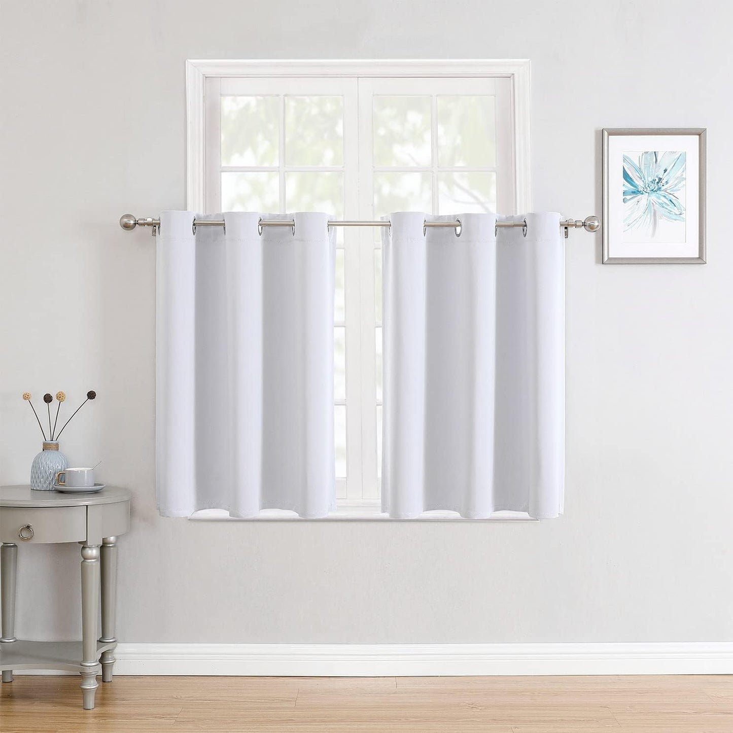 ChrisDowa Small Window Curtains for Kitchen and Bedroom - Grommet Short Thermal Insulated Room Darkening Curtains (2 Panels, Greyish White, 34 x 36 Inch)