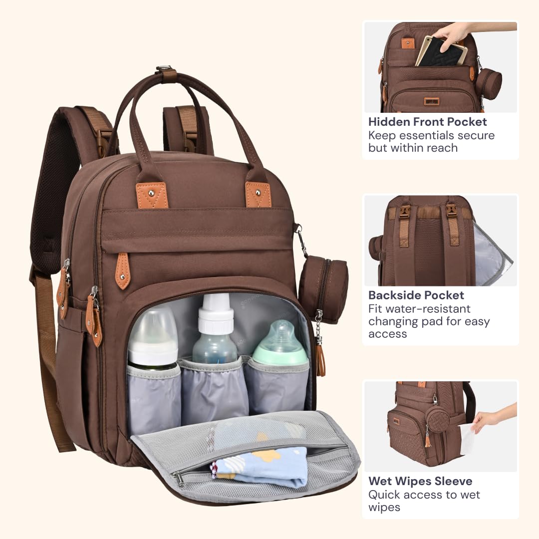BabbleRoo Diaper Bag Backpack - Baby Essentials Travel Tote - Multi Function Waterproof Diaper Bag, Travel Essentials Baby Bag with Changing Pad, Stroller Straps & Pacifier Case - Unisex, Brown