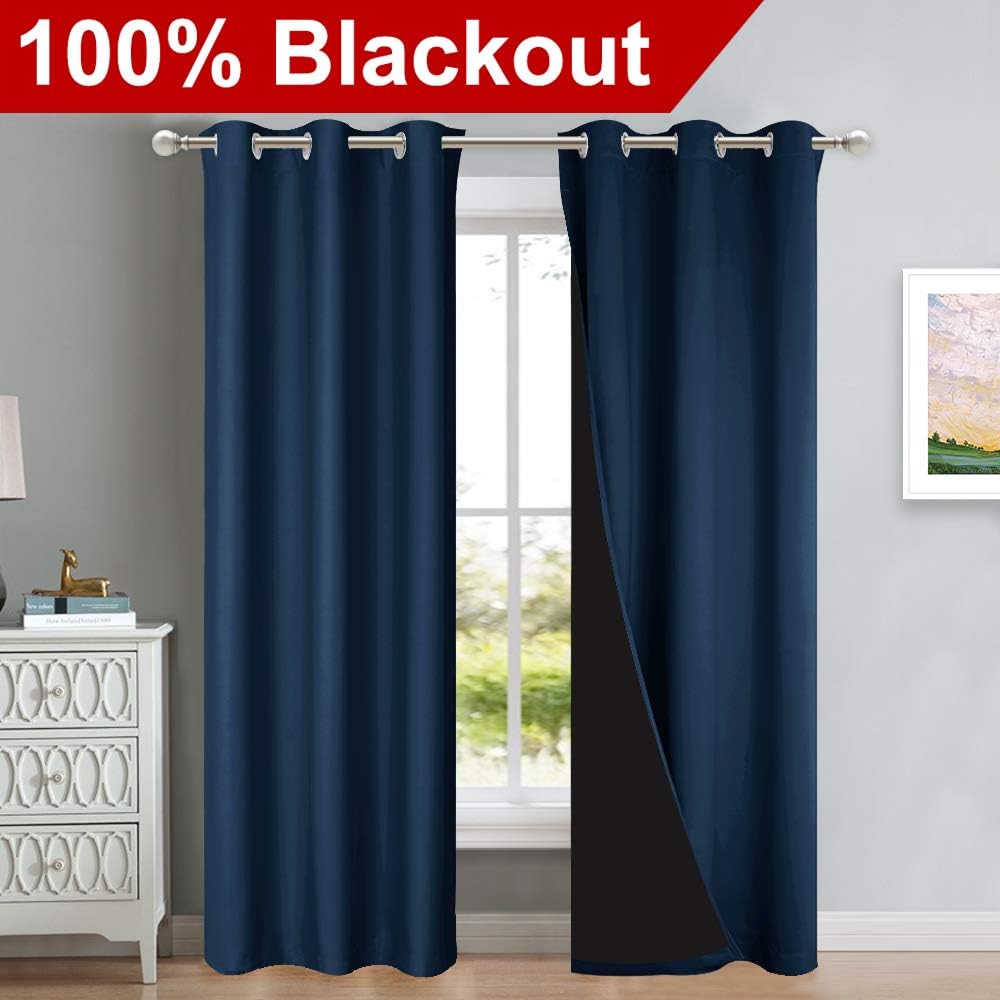 NICETOWN Blackout Room Warming Curtains 80 inches Long, Full Light Blocking Drapes with Black Liner for Nursery, Thermal Insulated Draperies for Hall, Villa (Navy Blue, 2 Pieces, 42" Wide Each Panel)