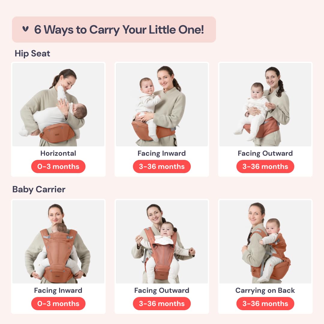 BabbleRoo Grow Carrier – Safety-Certified 6-in-1 Baby Carrier with Hip Seat, Ergonomic & Adjustable Toddler Carrier 7-50 lbs with Hip Support, Hood for Sun Protection, Newborn to Toddler,Kangaroo Rose
