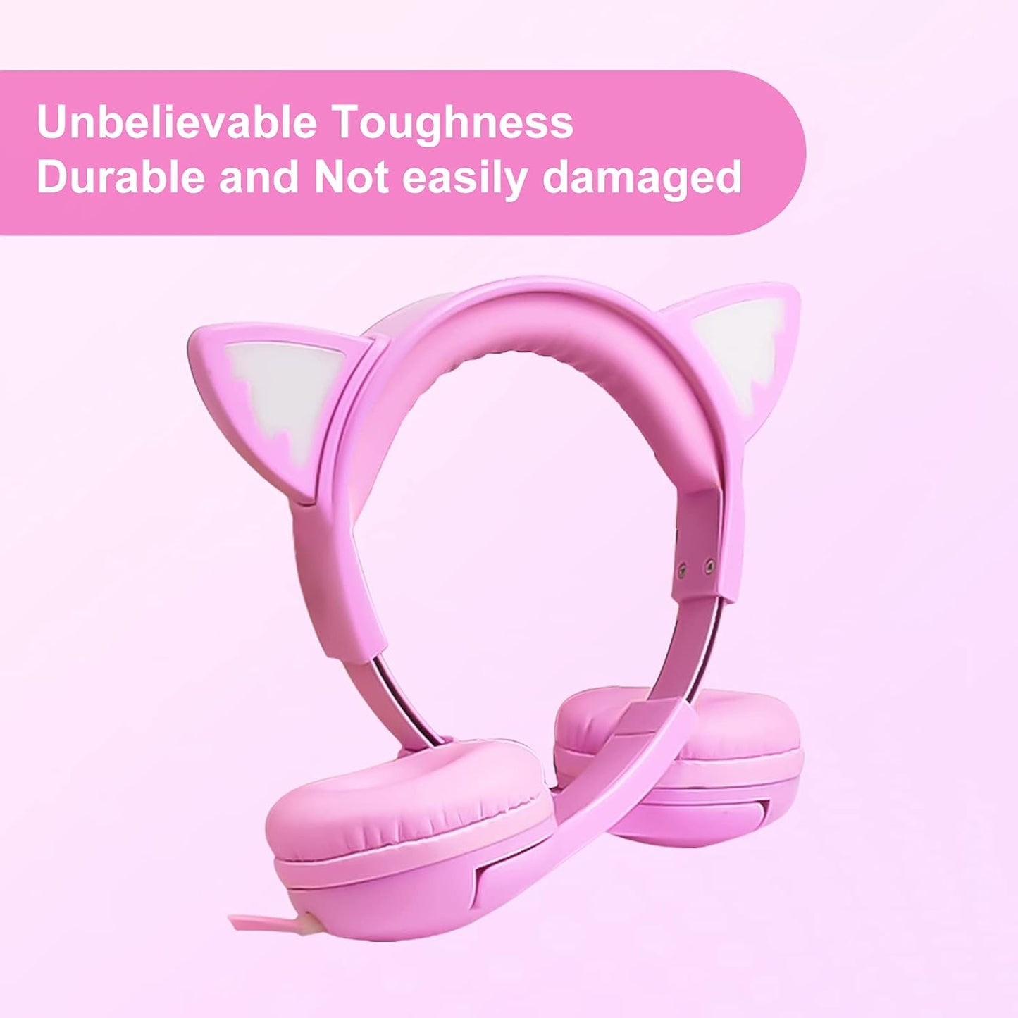 Olyre Girls Headphones with LED Light Up Cat Ears and Sharing Port 85db Volume Limited Kids Headphones,On-Ear LED Children Earphones for School Learning Travel - All Pink