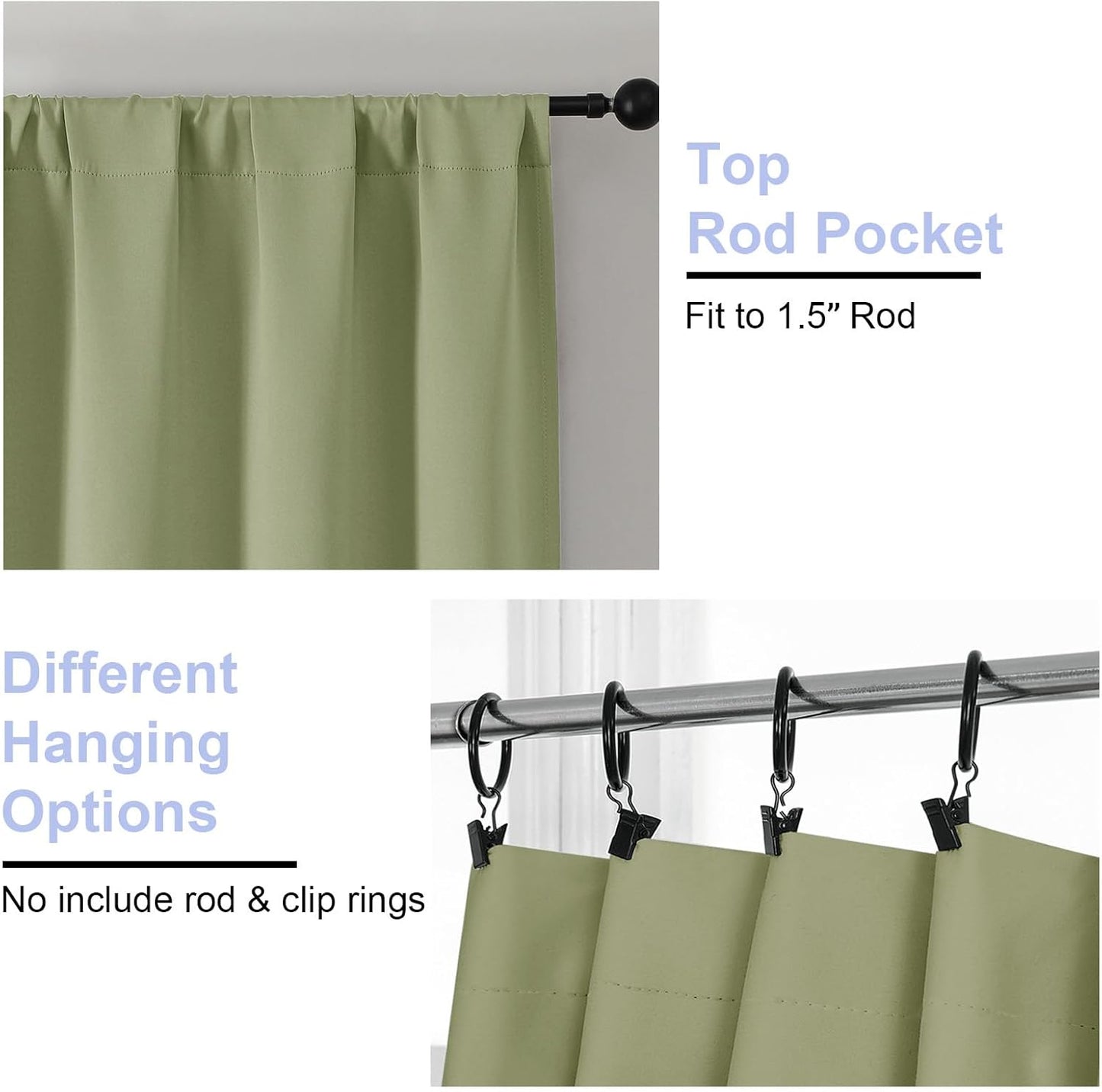 Simplebrand Ava Sage Green Blackout Curtains for Patio 108 Inches Long 2 Panels Set, Solid Thermal Insulated Room Darkening Rod Pocket Window Treatment Curtains Blackout Drapes, W50 x L108 Inch