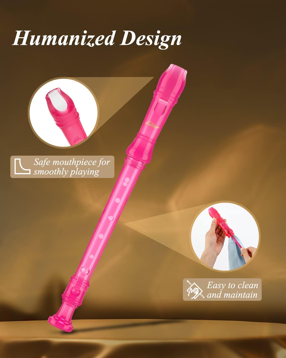 Eastar Soprano Recorder Instrument for Kids Students Beginners, German fingering C Key with Cleaning Kit, Storage Bag, Fingering Chart, ERS-1GP, Pink, School-Approved