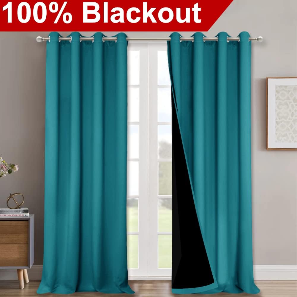 NICETOWN 100% Blackout Blinds, Set of 2, 46" x 96", Peacock Teal, Laundry Room Decor Window Treatment Curtains for Large Patio Sliding Door, Thermal Insulated Curtains for Bedroom
