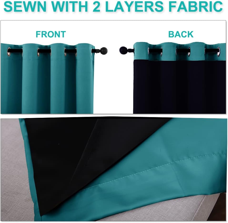 NICETOWN 100% Blackout Window Curtain Panels, Full Light Blocking Drapes with Black Liner for Nursery, 72-inch Drop Thermal Insulated Draperies (Peacock Teal, 2 Pieces, 52-inch Wide Per Panel)