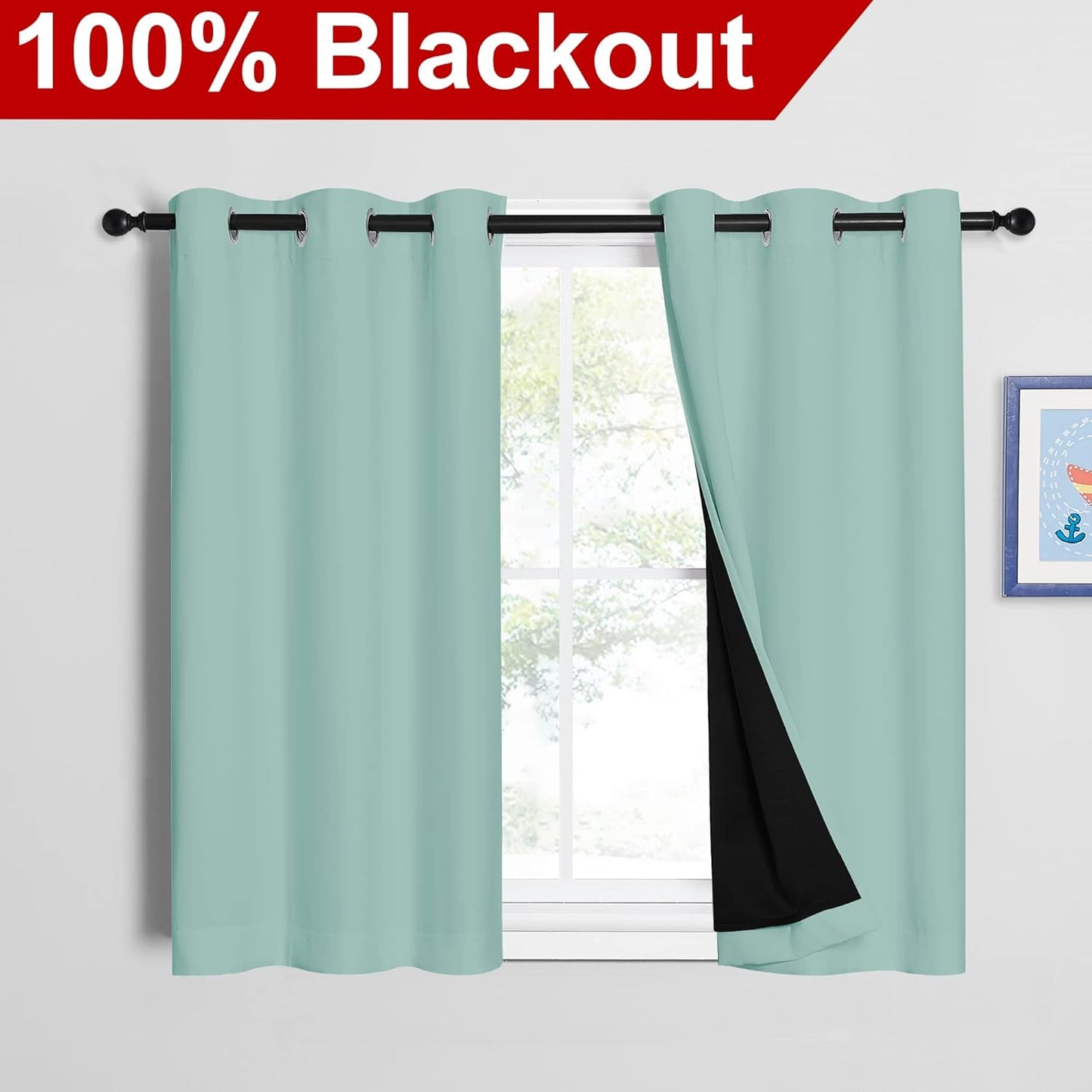 NICETOWN Aqua Blue 100% Blackout Curtains 45 inches Long, 2 Thick Layers Completely Blackout Window Treatment Thermal Insulated Lined Drapes for Small Window (1 Pair, 42 inches Width Each Panel)