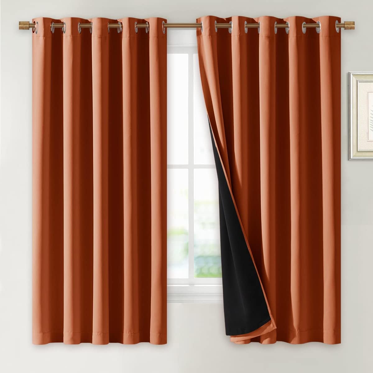 NICETOWN Burnt Orange 100% Blackout Lined Curtains, 2 Thick Layers Completely Blackout Window Treatment Thermal Insulated Drapes for Kitchen/Bedroom (1 Pair, 70" Width x 63" Length Each Panel)