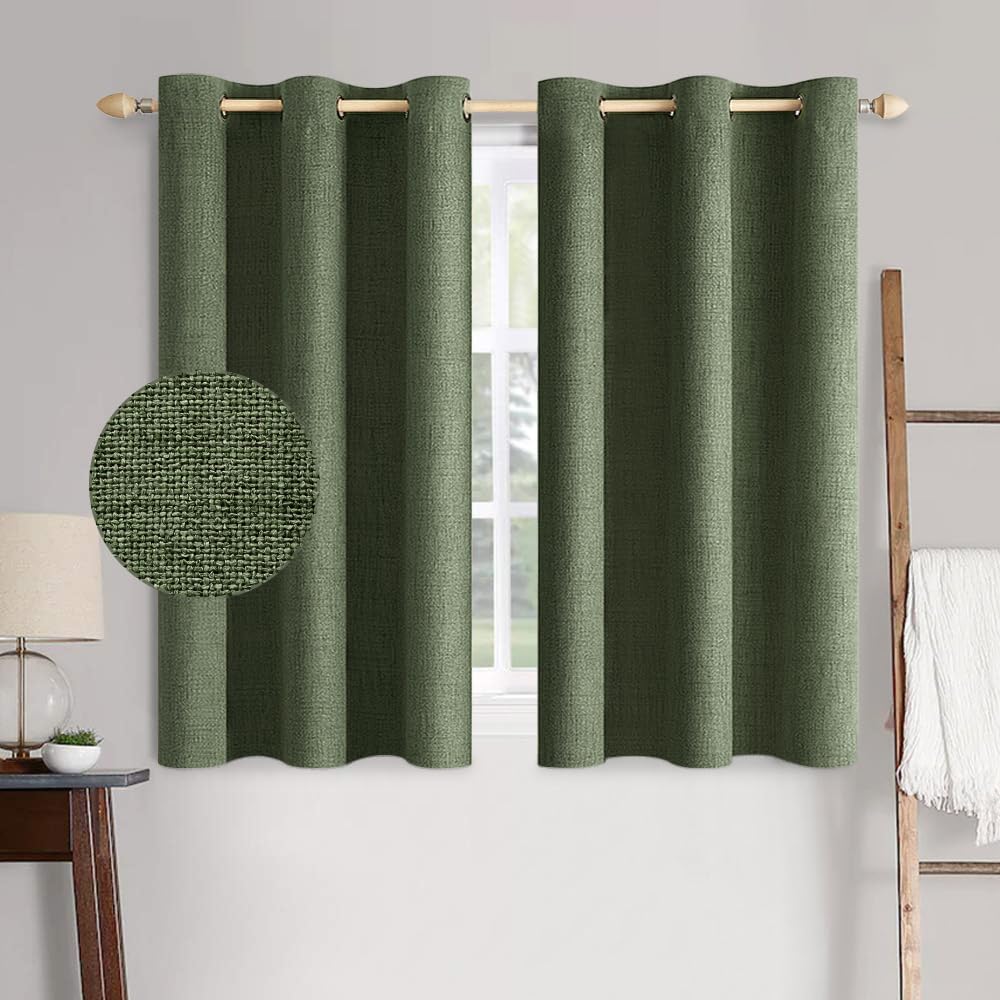 MIULEE 100% Blackout Linen Textured Curtains for Bedroom Solid Thermal Insulated Olive Green Grommet Room Darkening Curtains & Drapes Luxury Decor for Living Room Nursery 42 x 63 Inch (2 Panels)