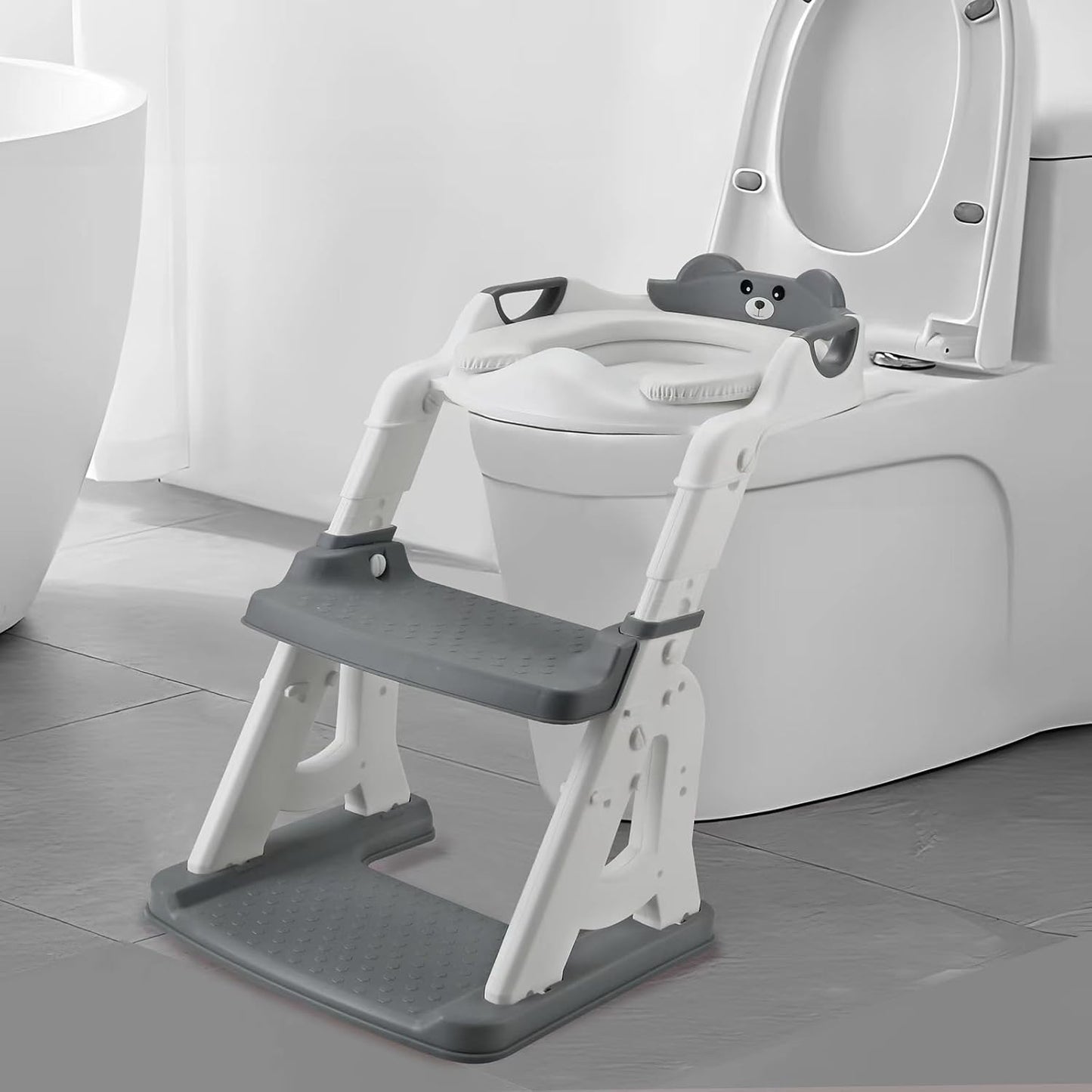 PandaEar Potty Training Seat with Step Stool Ladder, Toddler Toilet Seat for Kids Boys Girls, Comfortable Safe Potty Seat with Anti-Slip Pads Ladder & Bear Design -Grey