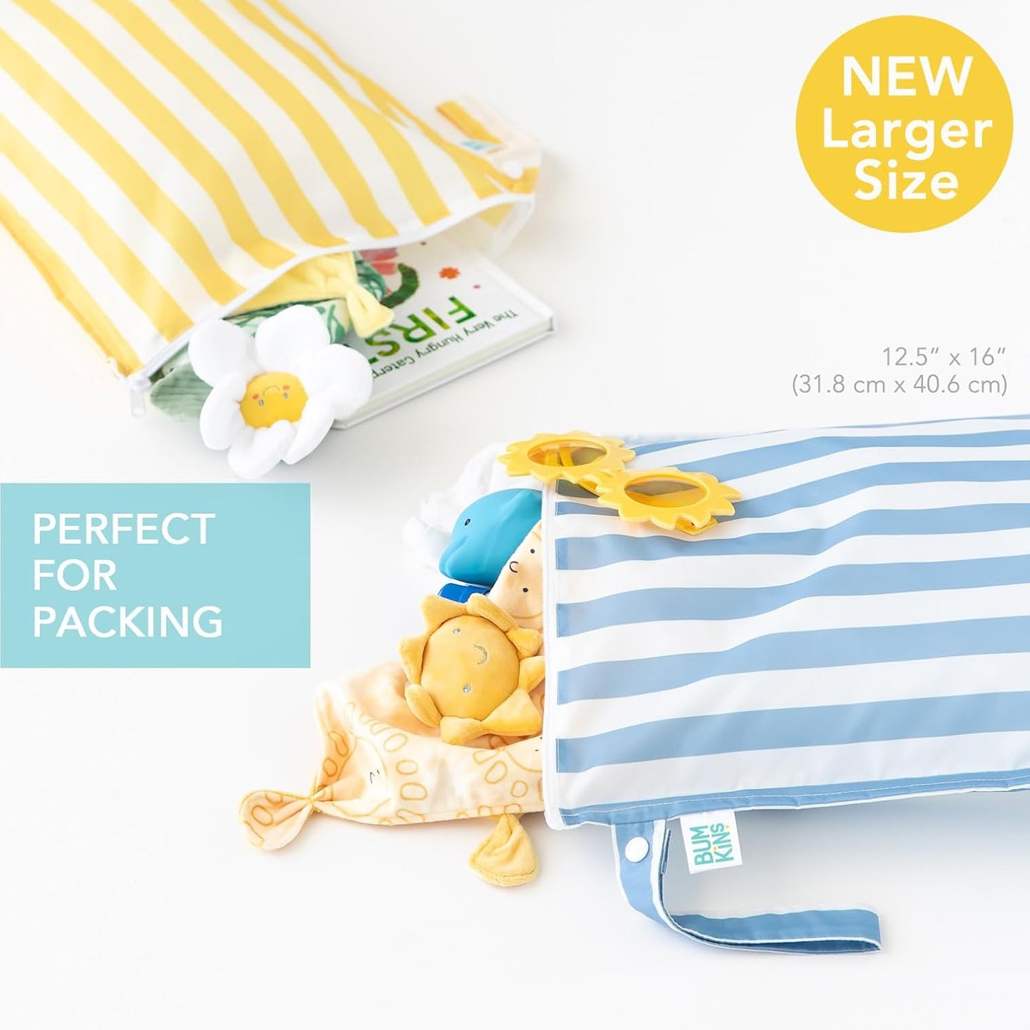 Bumkins - Waterproof Wet Bag - For Baby, Travel, Swim Suit, Cloth Diapers, Pump Parts, Pool, Gym, Toiletry, Strap to Stroller - Reusable & Easy to Clean - 2pk - Yellow & Blue Stripe