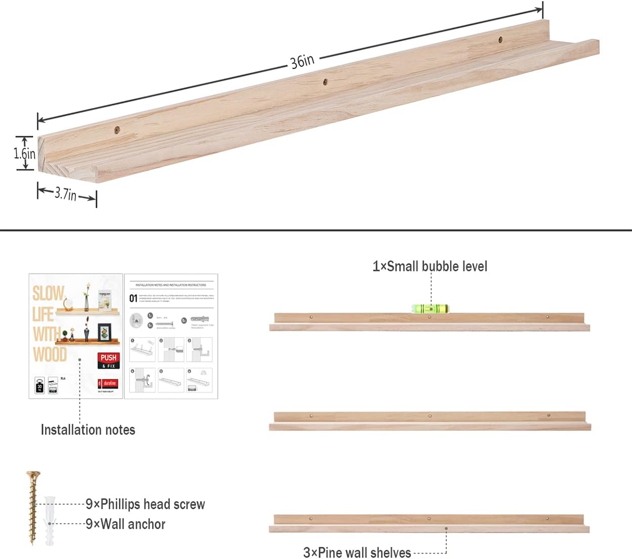AZSKY 36 Inch Floating Shelves,Wall-Mounted Photo Ledge Shelves Set of 3,Natural Wood Shelves for Display Items What You Want,3 Same Sizes
