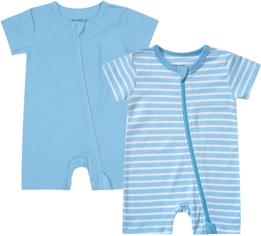 Teach Leanbh Unisex Baby 2 Pack Pajamas Cotton Short Sleeve 2 Way Zipper Stripe Soild Romper Jumpsuit Sleep and Play