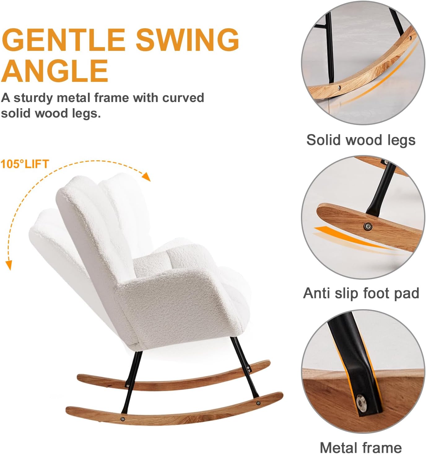 Nursery Rocking Chairs, High Back Teddy Glider Rocking Chair, Upholstered Rocker Recliner Modern Rocking Accent Chairs Comfy Armchairs for Nursery, Bedroom, Living Room (Ivory)