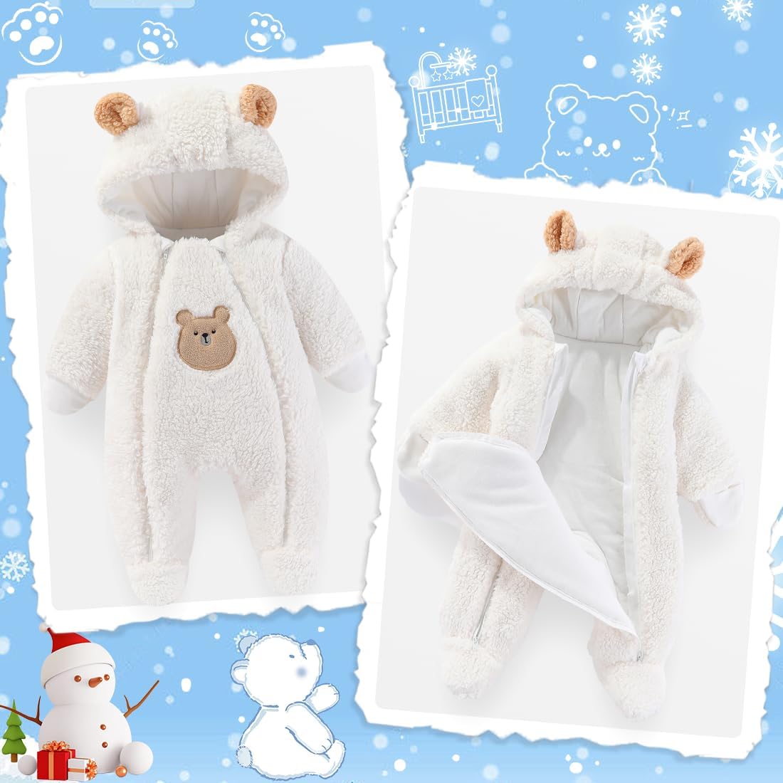 Fairy Baby Newborn Baby Winter Snowsuit Bear Thick Romper Footie Double Zip Hooded Jumpsuit Fleece Coat Infant Boy Girl 0-12M