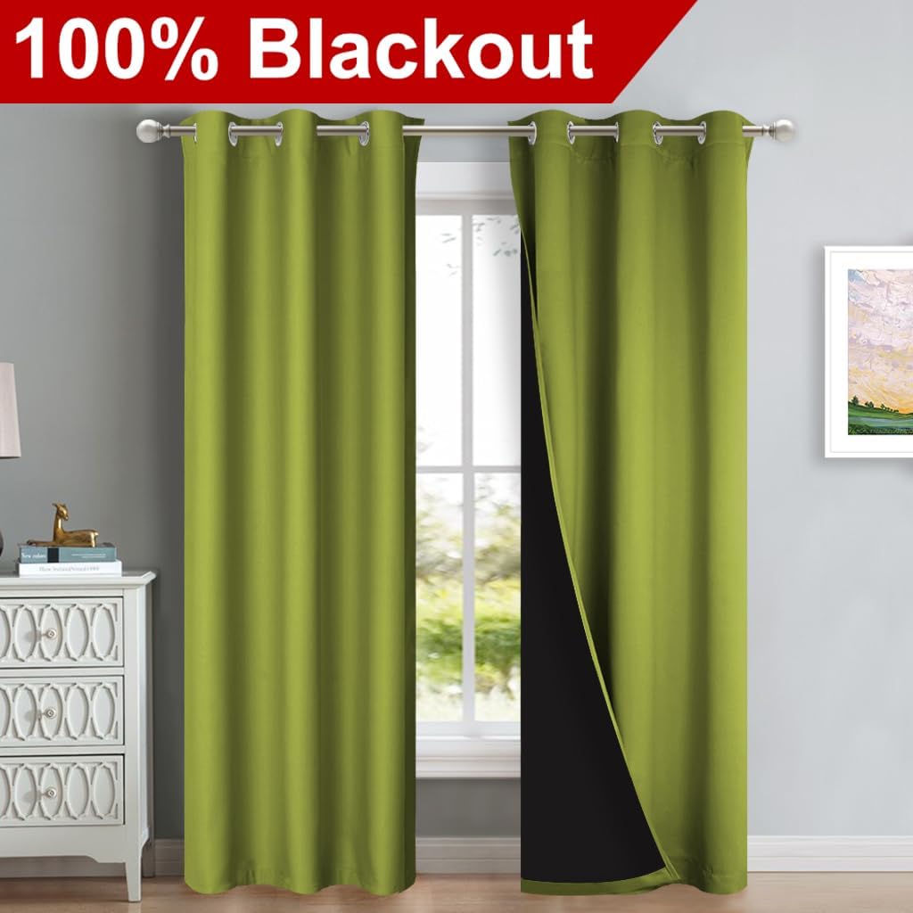 NICETOWN Blackout Curtains 80 inches Long, 2 Pieces, 42" Wide Each Panel, Fresh Green, Full Light Blocking Drapes with Black Liner for Nursery, Thermal Insulated Draperies for Hall, Villa