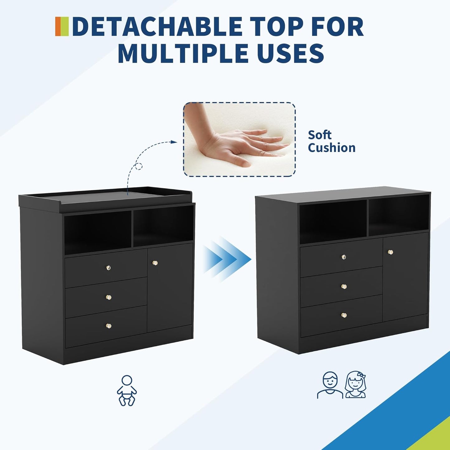 Nursery Dresser with Changing Table Top - Tall Wooden Diaper Changing Station with 2 Open Shelves, 3 Drawers, and 1 Cabinet, Ideal for Children's Room, Black