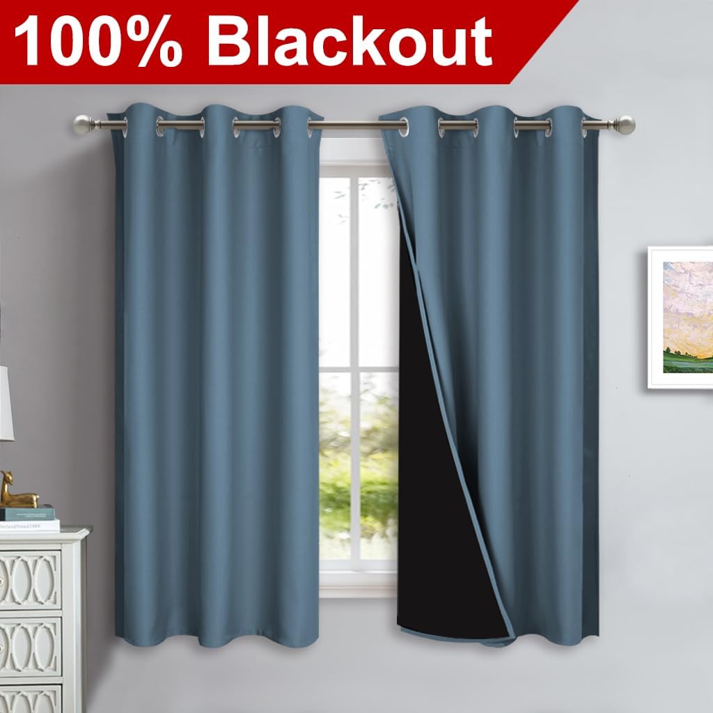 NICETOWN 100% Blackout Short Curtains with Black Liners, 2 Panels, 37" W by 40" L, Smoky Blue, Solid Thermal Insulated Full Blackout 2-Layer Lined Drapes, Energy Efficiency Window Drapes for Bedroom
