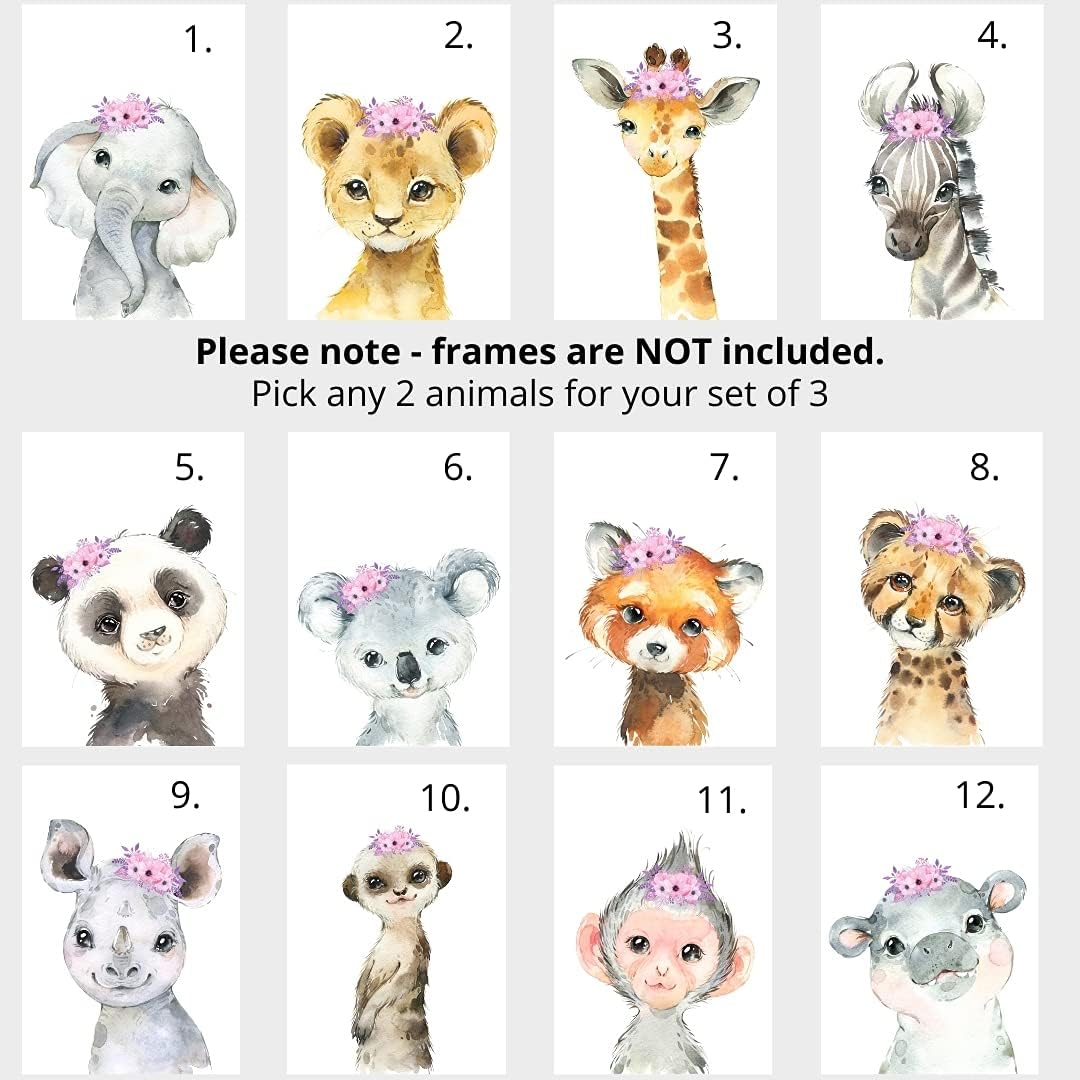Personalized Safari Animals for Baby Girls Nursery, Set of 3 Unframed Poster Prints, Personalized Name Pink Lilac Floral, Girls Bedroom Decor, Elephant Giraffe (11x14)