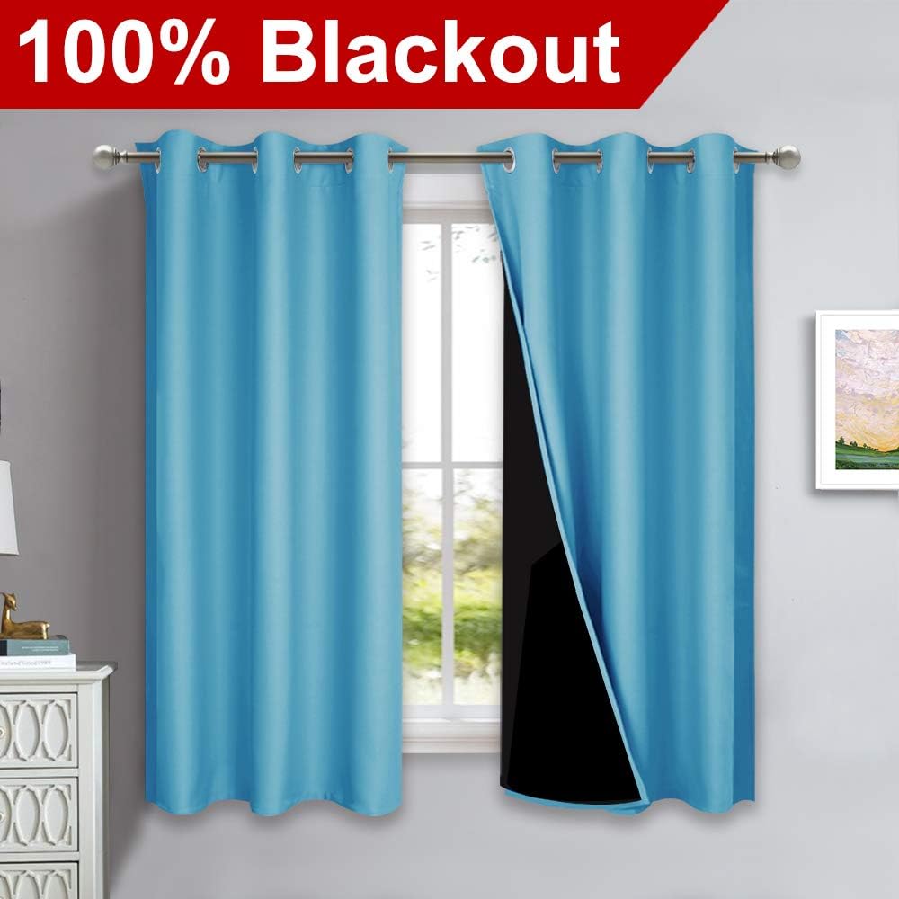 NICETOWN 100% Blackout Curtains 54 inches Long, Teal Blue, 1 Pair, 42 inches Width Each Panel, 2 Thick Layers Completely Blackout Window Treatment Thermal Insulated Lined Drapes for Small Window