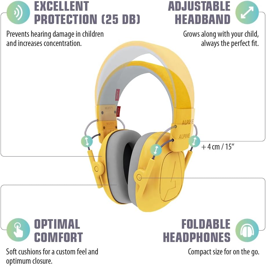 Alpine Muffy Kids - Hearing Protection - CE & ANSI Certified - Adjustable for Ages 3-16 years - Noise Cancelling Headphones - 25dB Sound Reduction Ideal for Protection and Concentration Aid - Yellow