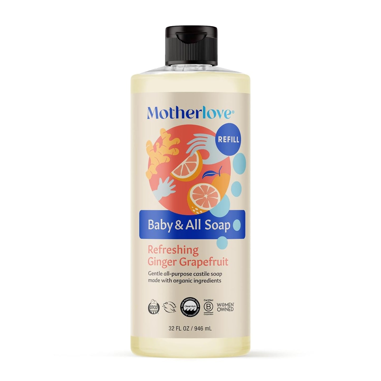 Motherlove Baby & All Soap (32 oz) Gentle Foaming All-Purpose Castile Soap Made with Organic Ingredients – Refreshing Ginger Grapefruit