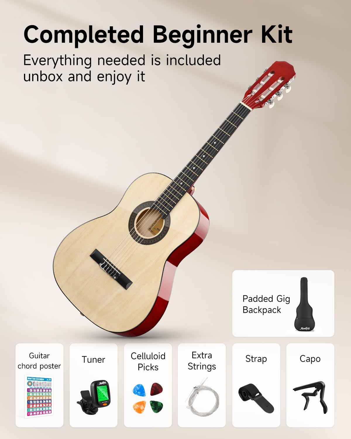 Moukey 36 Inch Acoustic Guitar for Beginners Kids Youth 3/4 Size Dreadnought Travel Guitarra Acustica Kit with Chord Poster, Gig Bag, Tuner, Picks, Nylon Strings, Capo, Strap - Natural