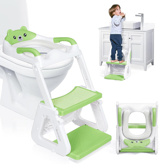 Orzbow 2-IN-1 Potty Training Seat with Step Stool, Height Adjustable Toilet Seat for Toddler, Potty Training with Splash Guard for Kids Boys Girls, Stability Ladder and Anti-Slip Pad, Green