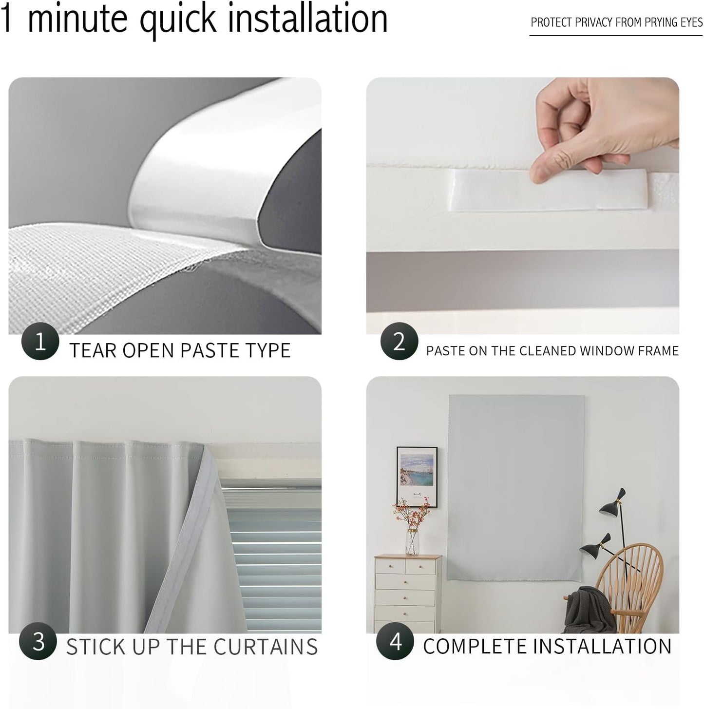 self Adhesive Curtains Portable Blackout Curtain Simple and Easy to Install Bedroom Window Thermal Lnsulated Kitchen Room Darkening Black Small Drapes, 47" W X 71" L, White, 1 Panel