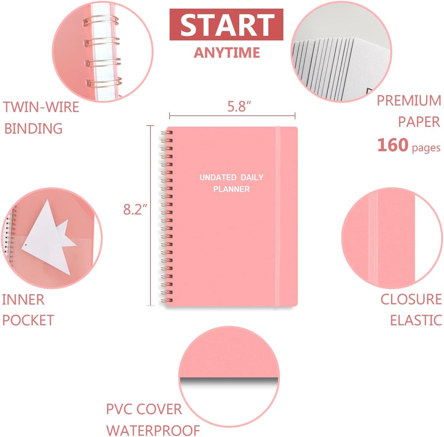 Tiankool Undated Daily Planner,Undated Planner with Hourly Schedules, Top Priorities Items and To Do List, A5 Daily Organizer Notebook to Increase Productivity, 5.8 × 8.2 Inch,Pink
