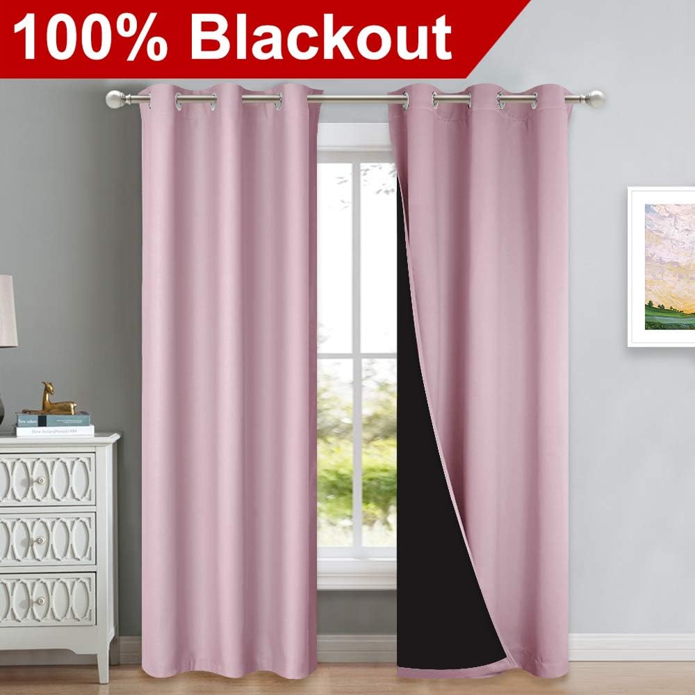NICETOWN Baby Pink Full Shade Curtain Panels, Pair of Thermal Insulated & Energy Efficiency Blackout Drapes for Living Room Windows, Lined Silky Performance Window Dressing (37" Wide x 84" Long, Gray)