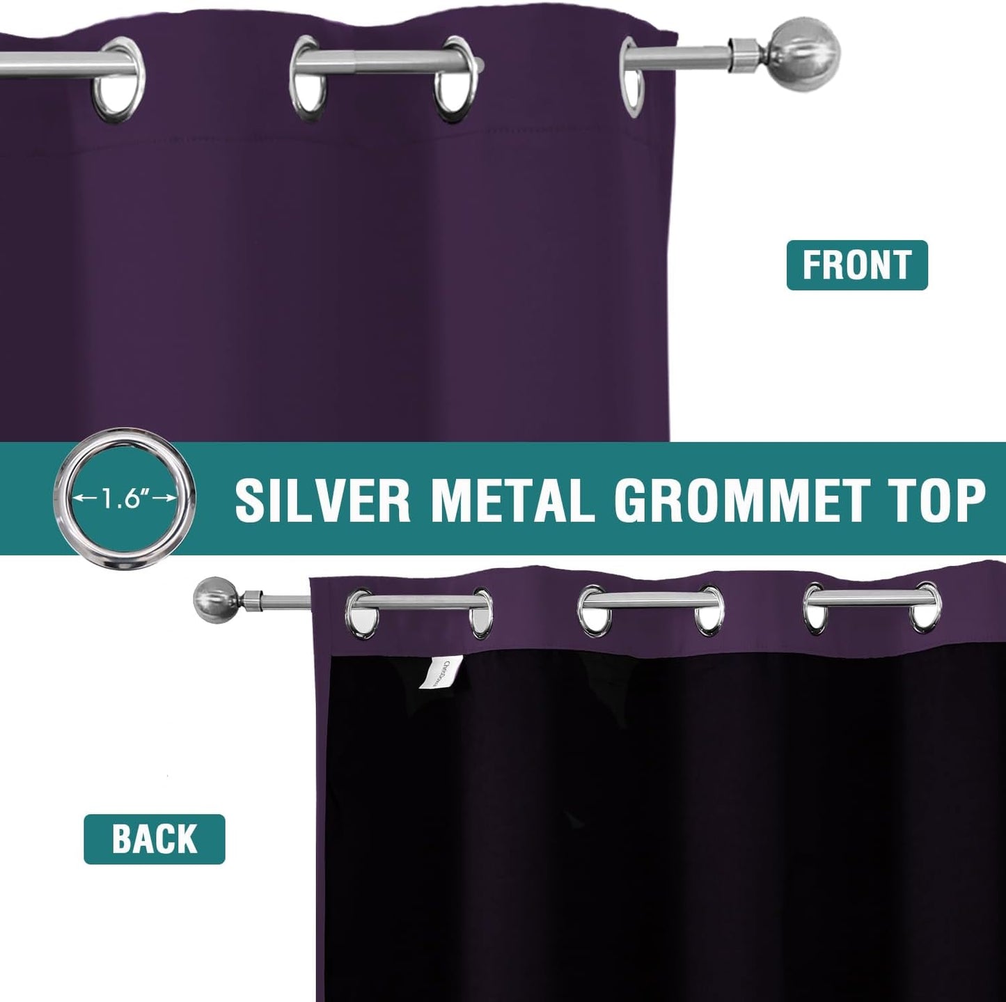 ChrisDowa 100% Blackout Curtains for Bedroom with Black Liner, 2 Thick Layers Total Blackout Thermal Insulated Grommet Window Curtains 2 Panels Set (Royal Purple, 52 x 54 Inch)