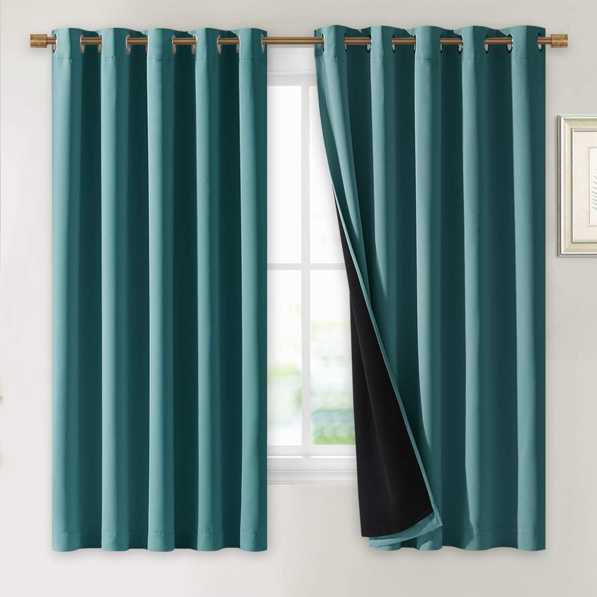 NICETOWN 100% Blackout Curtains with Black Liners, Sea Teal, 2 Panels, 62-inch W by 63-inch L, Thermal Insulated Full Blackout 2-Layer Lined Drapes, Energy Efficiency Window Draperies for Bedroom