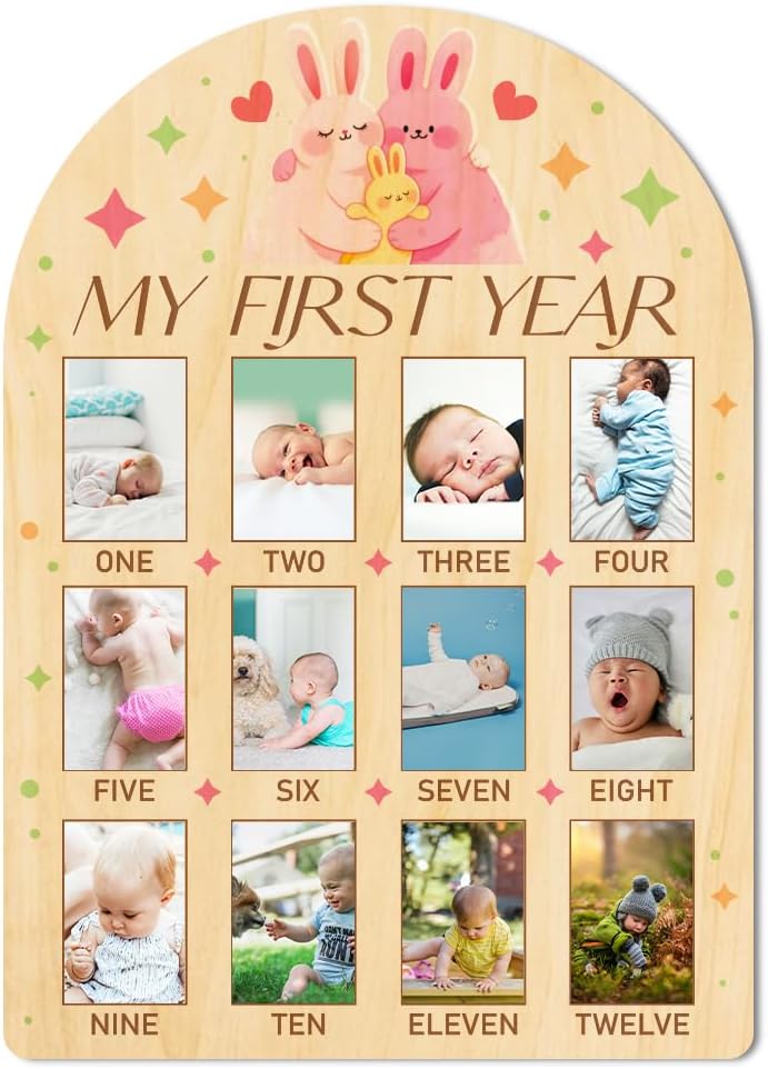 ORIGACH My First Year Baby Growth Photo Display Wood Board - 12 Months Newborn Milestones Photo Board - Neutral Baby Keepsake Frame 1st Birthday Party Nursery Decor New Mom Gift - Rabbit