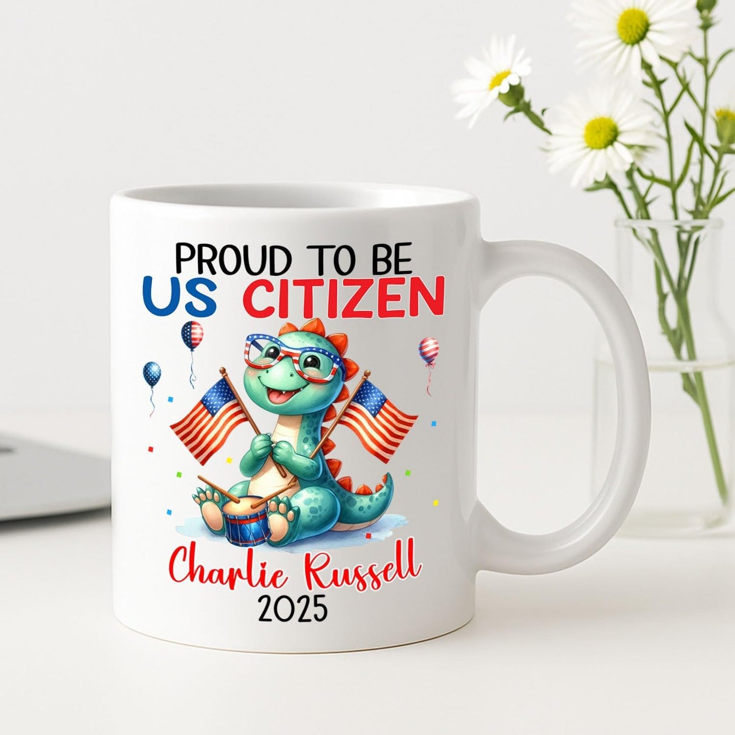 Personalized American Citizen Coffee Mug, Proud To Be Us Citizen Coffee Cup Gift For Grandkid Friend Bestie, Customized Year & Name US Citizenship White Cup, Awesome American Flag Ceramic Mug 11 15Oz