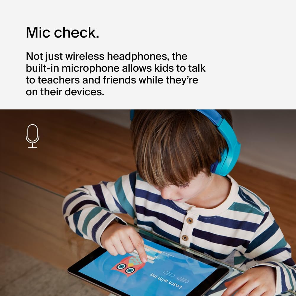 Belkin SoundForm Mini - Wireless Bluetooth Kids Headphones, 30H Battery, 85dB Safe Volume Limit, Built-in Microphone - Toddler On-Ear Earphones for iPhone, iPad - Ideal for School - Blue w/ Case