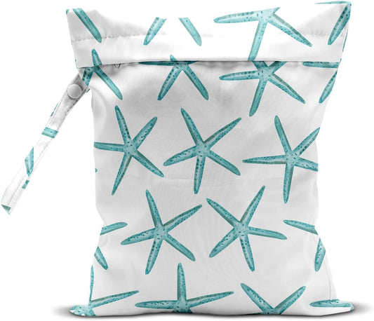 Wet Dry Bag for Swimsuit, Travel, Beach, Pool, Diapers, Dirty Yoga Gym Clothes, Makeup, Waterproof Reusable Beach Bag with Ocean Decor Starfish Sea Horse Anchor