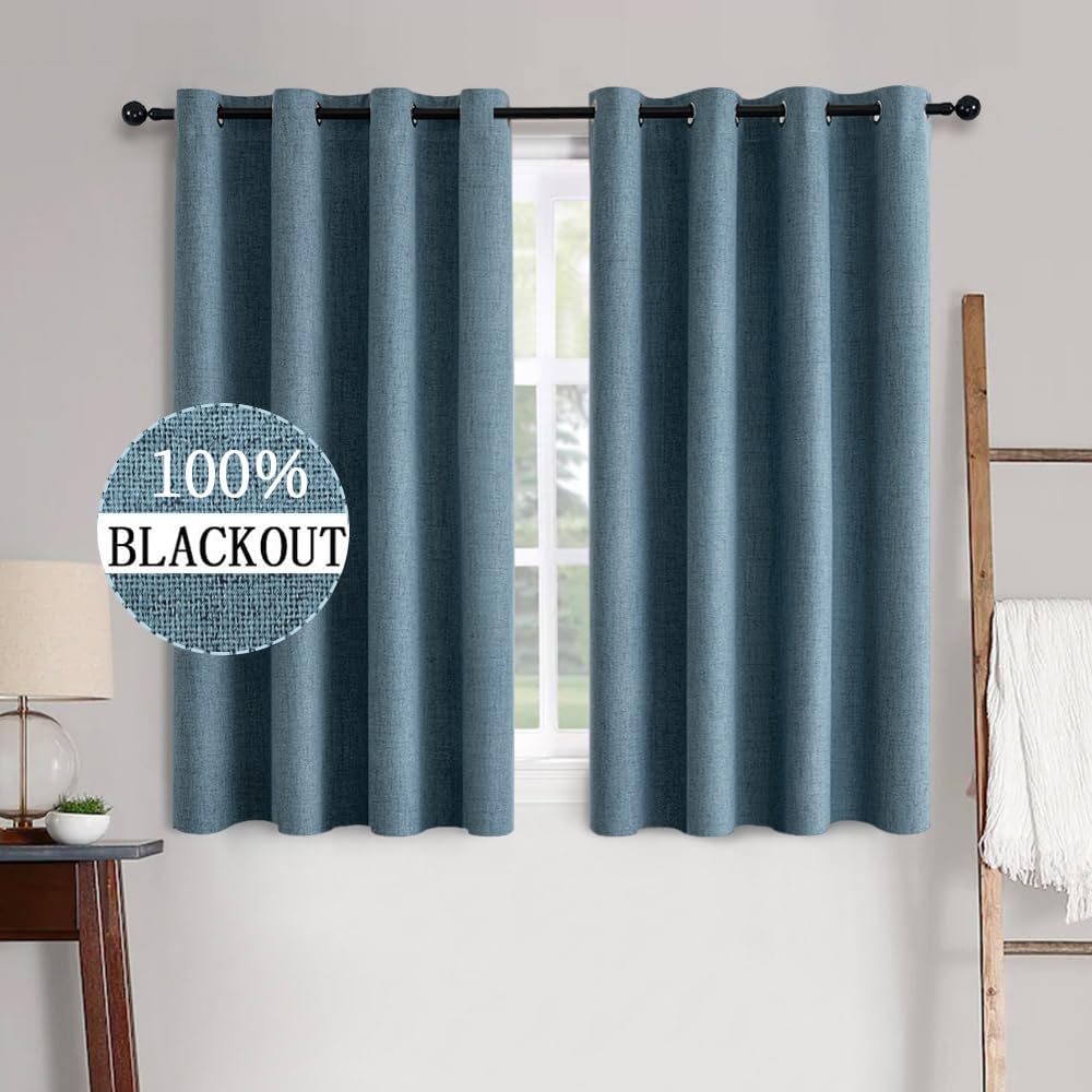 MIULEE Linen Texture Curtains for Bedroom Solid 100% Blackout Thermal Insulated Dusty Blue Curtains Grommet Room Darkening Drapes Luxury Decor for Living Room Nursery 52x54 Inch (2 Panels)