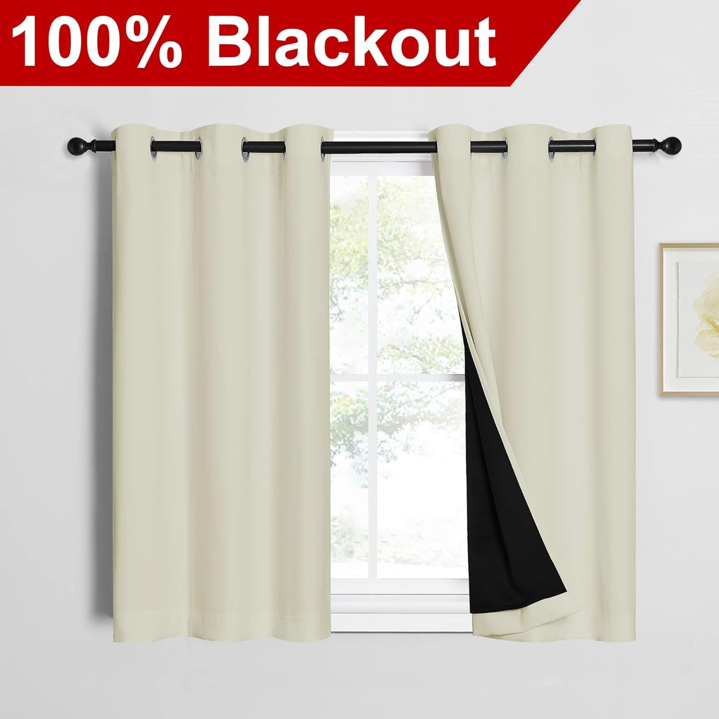 NICETOWN Cold Reducing Curtains, Bedroom Full Blackout Panels, Super Thick Insulated Window Covers, Complete Blackout Draperies with Black Liner for Short Window (Beige, Set of 2, 42 by 45-inch)