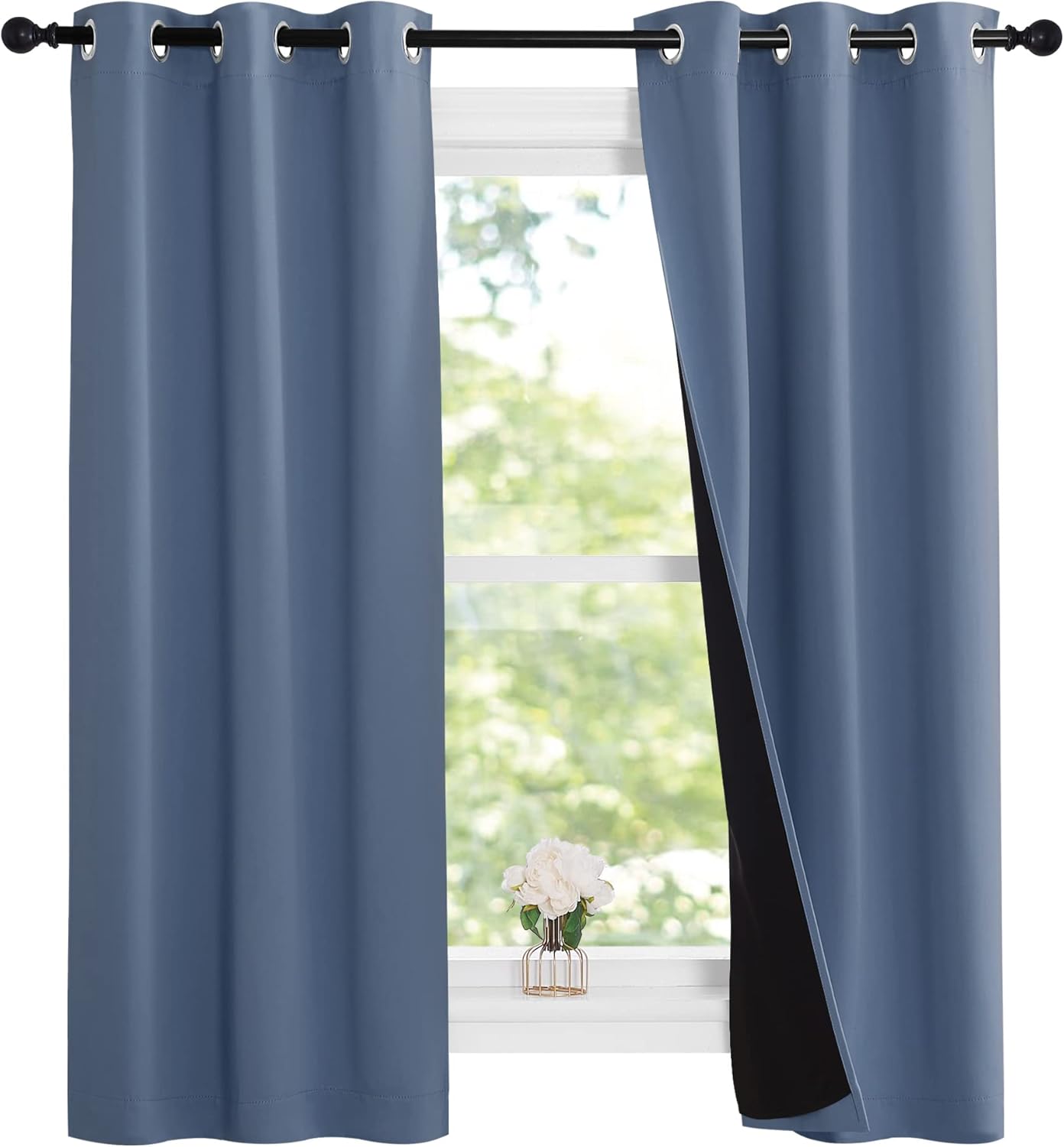 NICETOWN Stone Blue 100% Blackout Small Curtains 63 inches Long, Thermal Insulated Full Blackout 2-Layer Lined Drapes, Energy Efficiency Window Draperies for Boy's Room (2 Panels, 37-inch W)