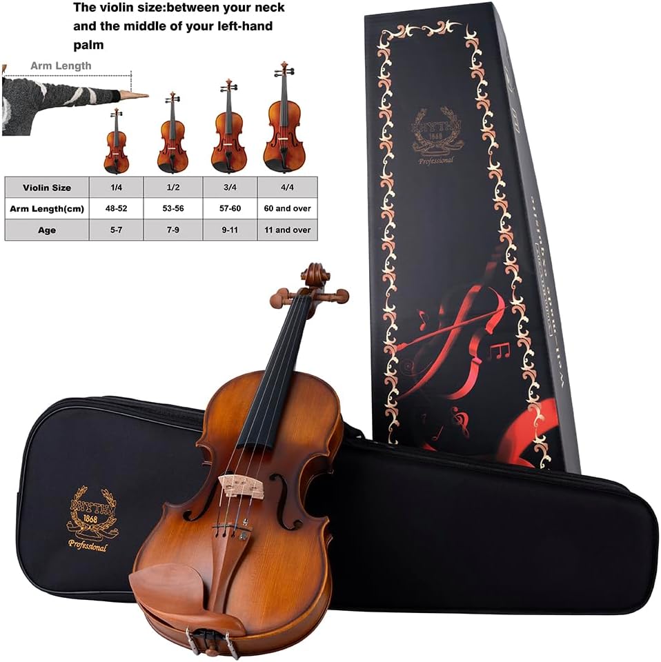 Rhythm Violin Set for Beginners,Acoustic Violins Starter Kit Package for Student,Beginners Fiddle with Hard Case, Rosin, Shoulder Rest, Bow, and Extra Strings (MATTE, Full)