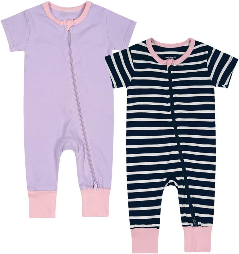 Teach Leanbh Toddler Baby Boys Girls 2-Pack Pajamas Cotton 2 Way Zipper Short Sleeve Footless Romper Sleep and Play