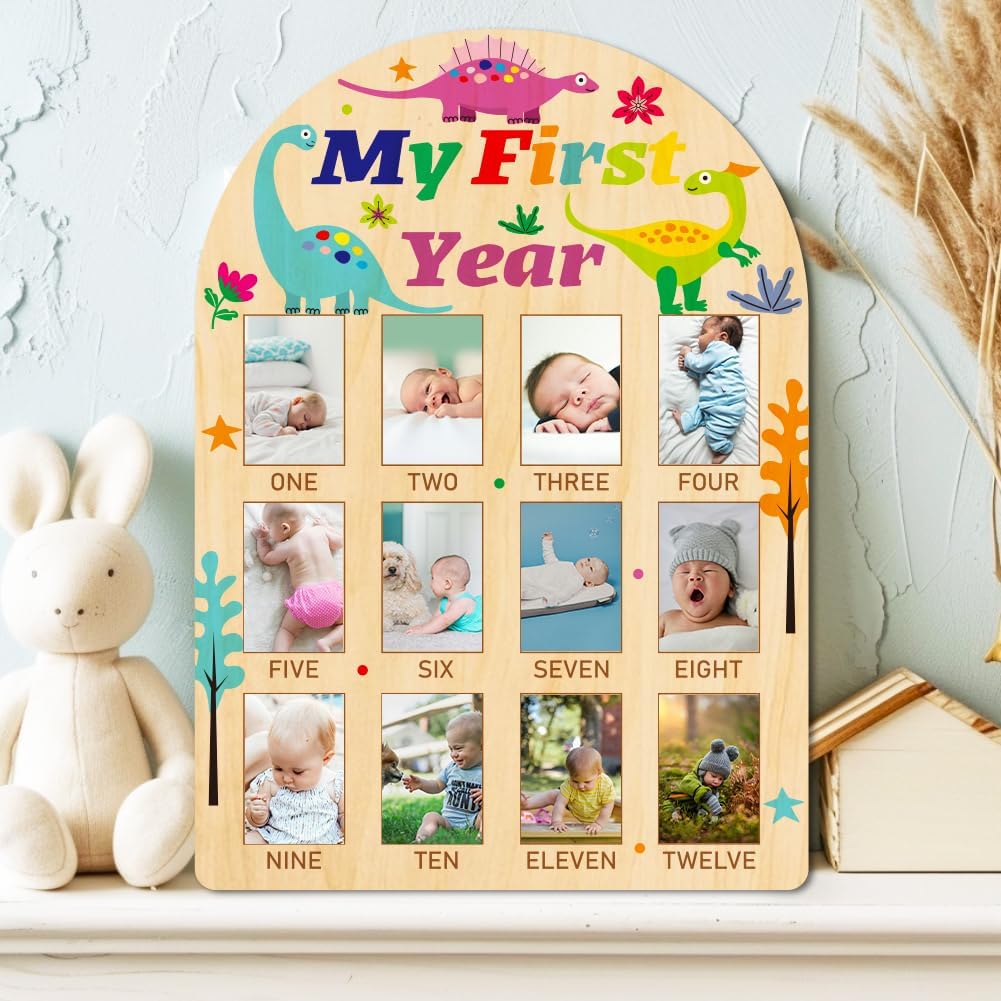 ORIGACH My First Year Baby Growth Photo Display Wood Board - 12 Months Newborn Milestones Photo Board - Neutral Baby Keepsake Board 1st Birthday Party Nursery Decor New Mom Gift - Dinosaur