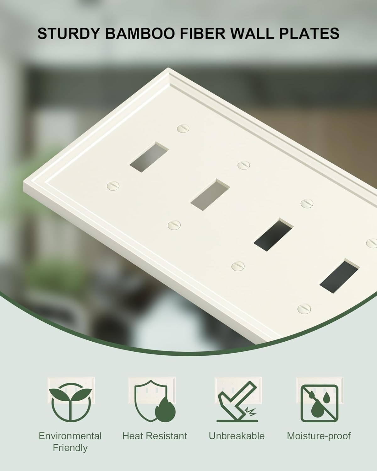 2-Pack Quad Toggle Light Switch Cover Plate, Light Almond Decorative Switch Plate Covers, Natural Bamboo Fiber 4 Gang Wall Plate, Corrosion Resistant