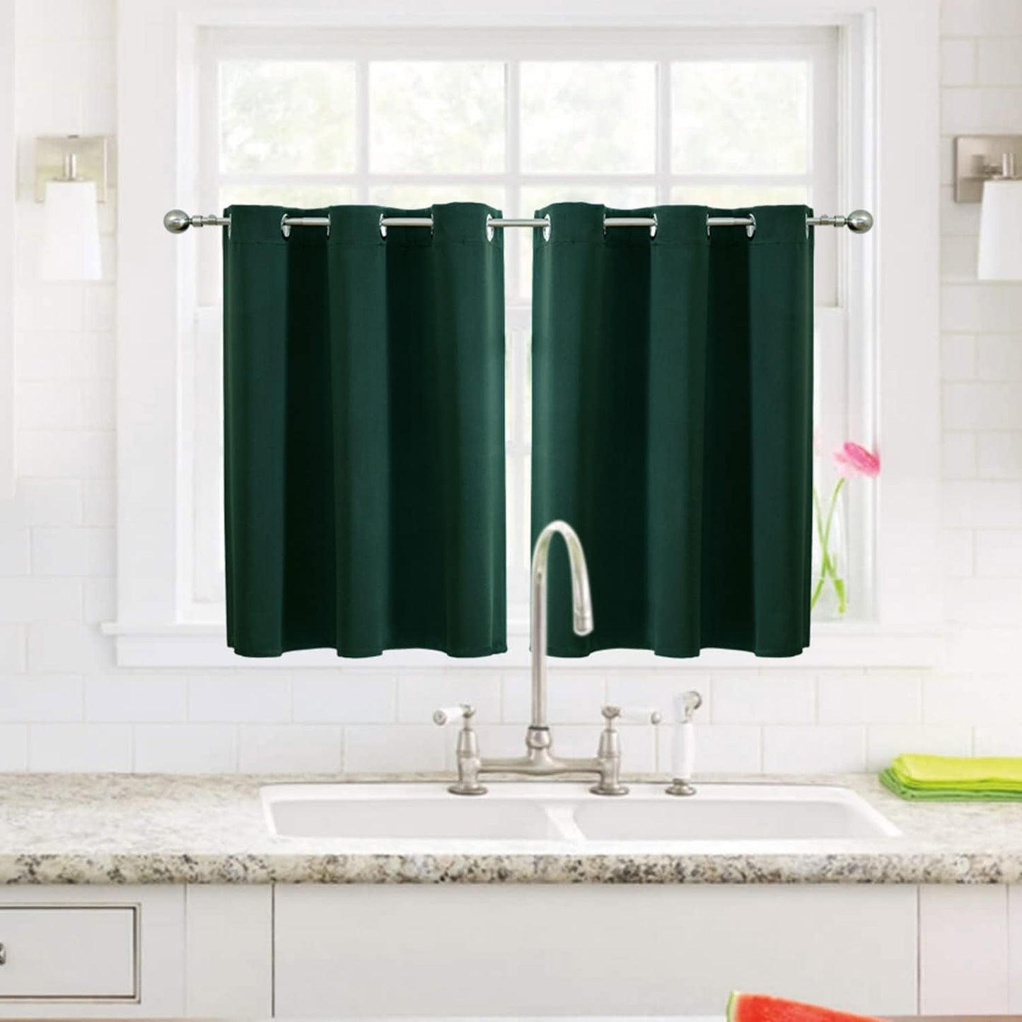 ChrisDowa Small Window Curtains for Kitchen and Bedroom - Grommet Short Thermal Insulated Room Darkening Curtains (2 Panels, Forest Green, 52 x 36 Inch)