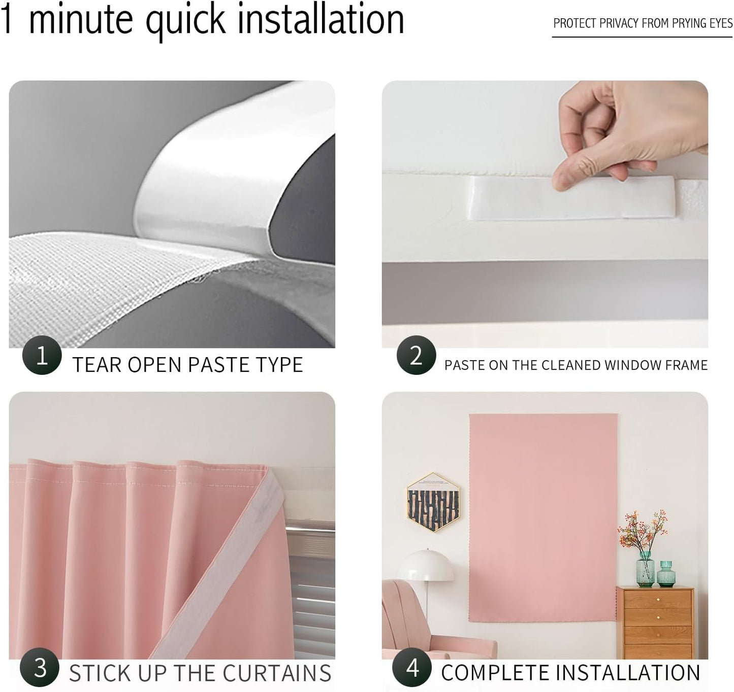 Self Adhesive Blackout Curtains- Stick on Curtains Shades Window Blinds Curtains No Rod Needed Easy to Hang Curtain, Use for Bedroom, Living Room,Roman Shades, 35" W X 71" L, Pink, 1 Panel