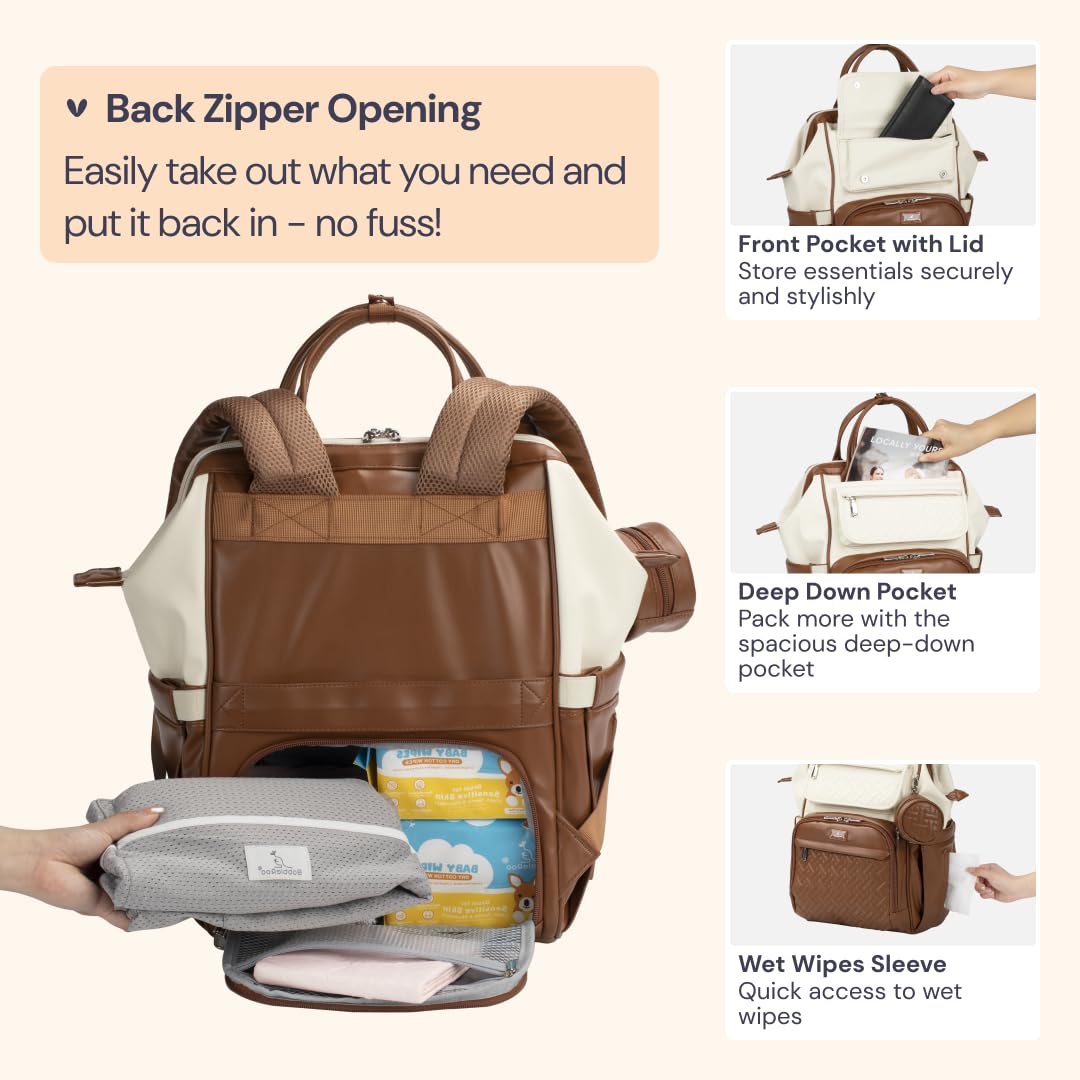 BabbleRoo Leather Diaper Bag Backpack, Multifunction Large Bags with Changing Pad & Stroller Straps & Pacifier Case, Unisex Stylish Travel Back Pack Nappy Changing Bag for Moms Dads (Coffee Cream)