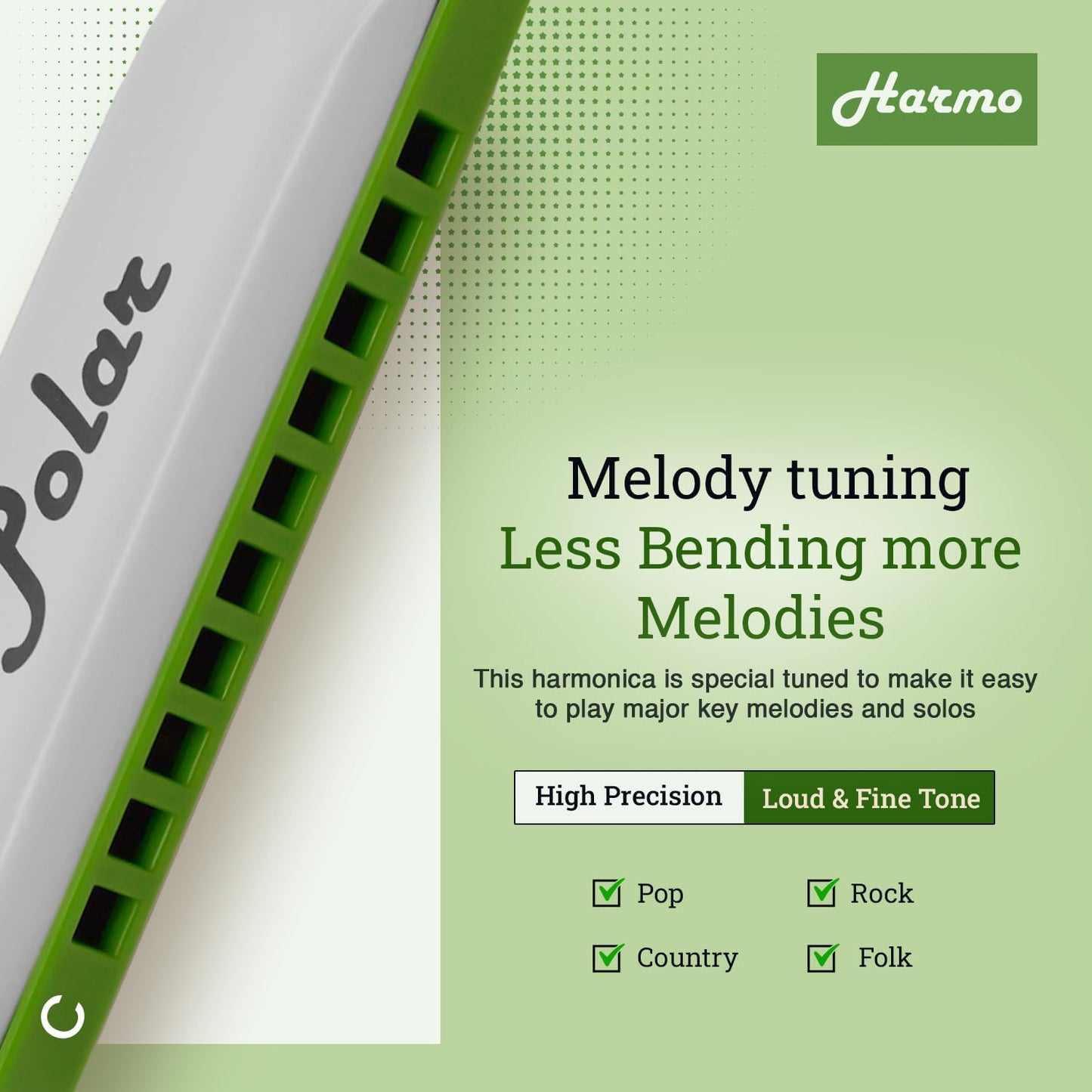 Harmo Polar Diatonic Melody Tuned Harmonica Key of C - Specially Tuned for Easy Melodies in Cross Harp, 2 Octaves Without Bends, Loud & Responsive with Smooth Edges - USA-Checked