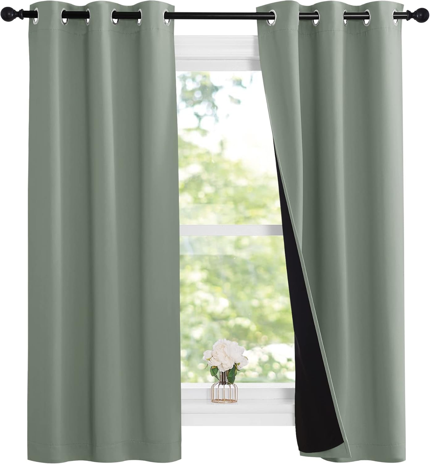 NICETOWN Greyish Green 100% Blackout Lined Curtains, 2 Thick Layers Narrow Wide Window Treatment Panels Thermal Insulated Drapes for Kitchen Small Window (1 Pair, 37" Width x 63" Length Each Panel)