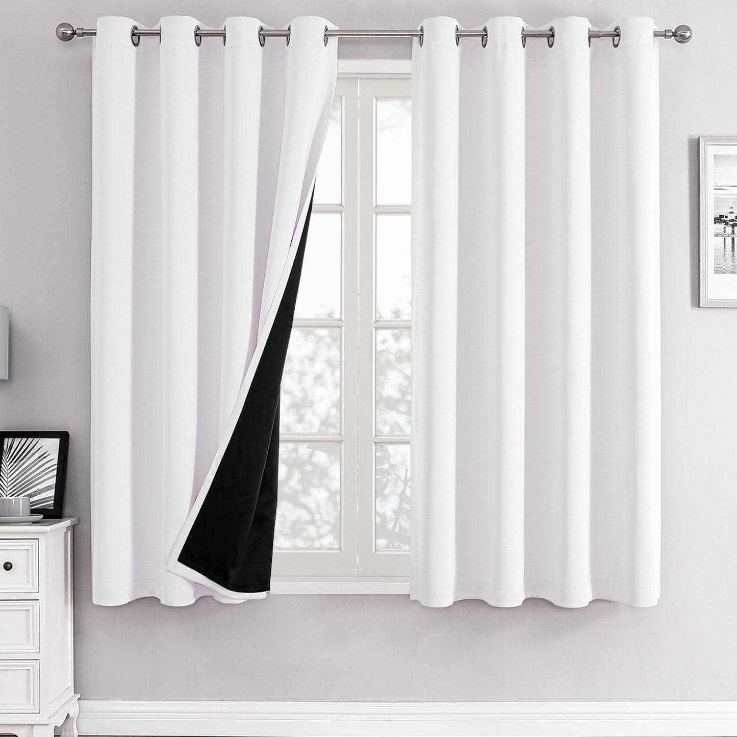 ChrisDowa White 100% Blackout Curtains for Bedroom with Black Liner, 2 Thick Layers Total Blackout Thermal Insulated Grommet Window Curtains 2 Panels Set (Pure White, 52 x 45 Inch)